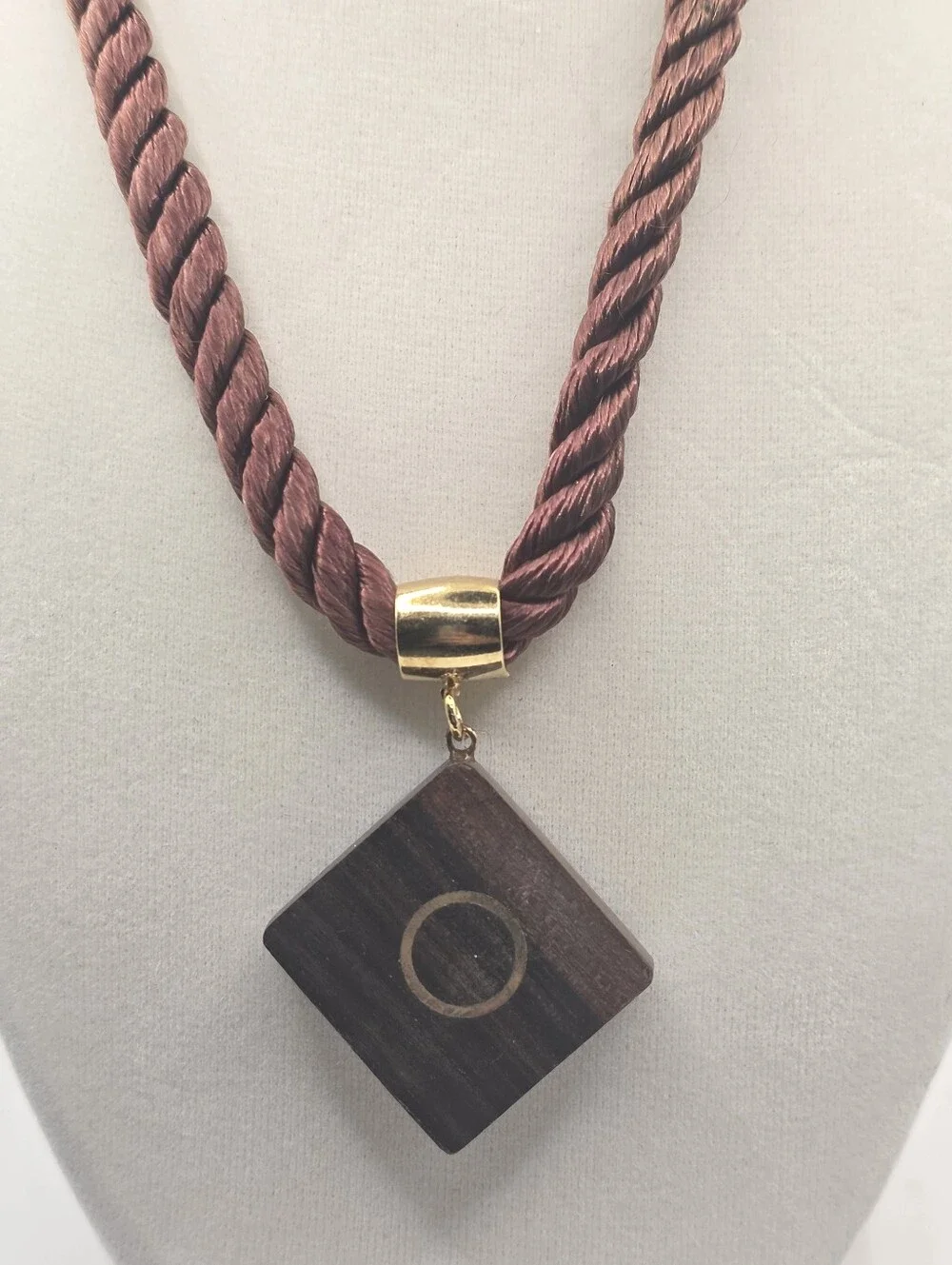 Vintage Wooden Diamond Pendant Cord Necklace Twisted Rope Gold Tone Barrel Clasp